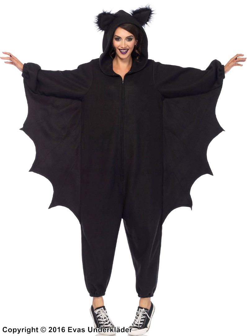 Female bat, costume kigurumi jumpsuit, hood, front zipper, wings, ears